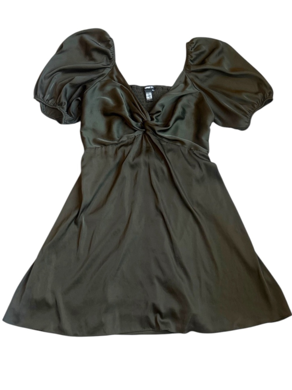 Express Green Satin Twist-Front Puff-Sleeve Mini Dress